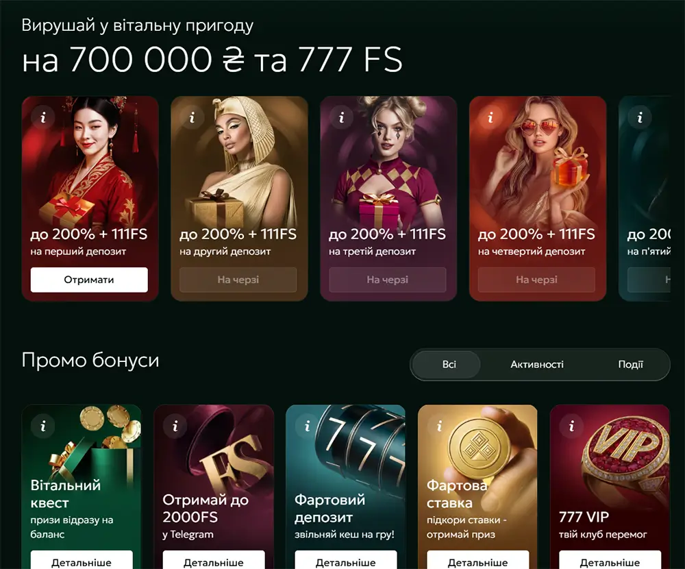 Сторінка бонусів казино 777 з вітальними пропозиціями до 700 000 ₴ і 777 фріспінів за кілька депозитів та активними промоакціями